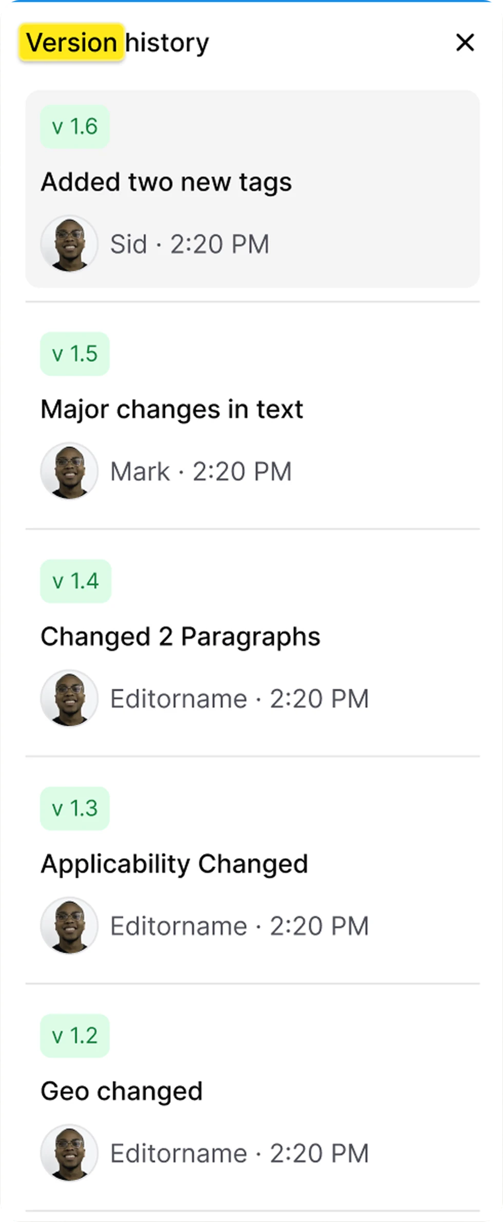 AllyMatter's version control interface displaying document revision history with clear change descriptions and user attribution for seamless collaboration