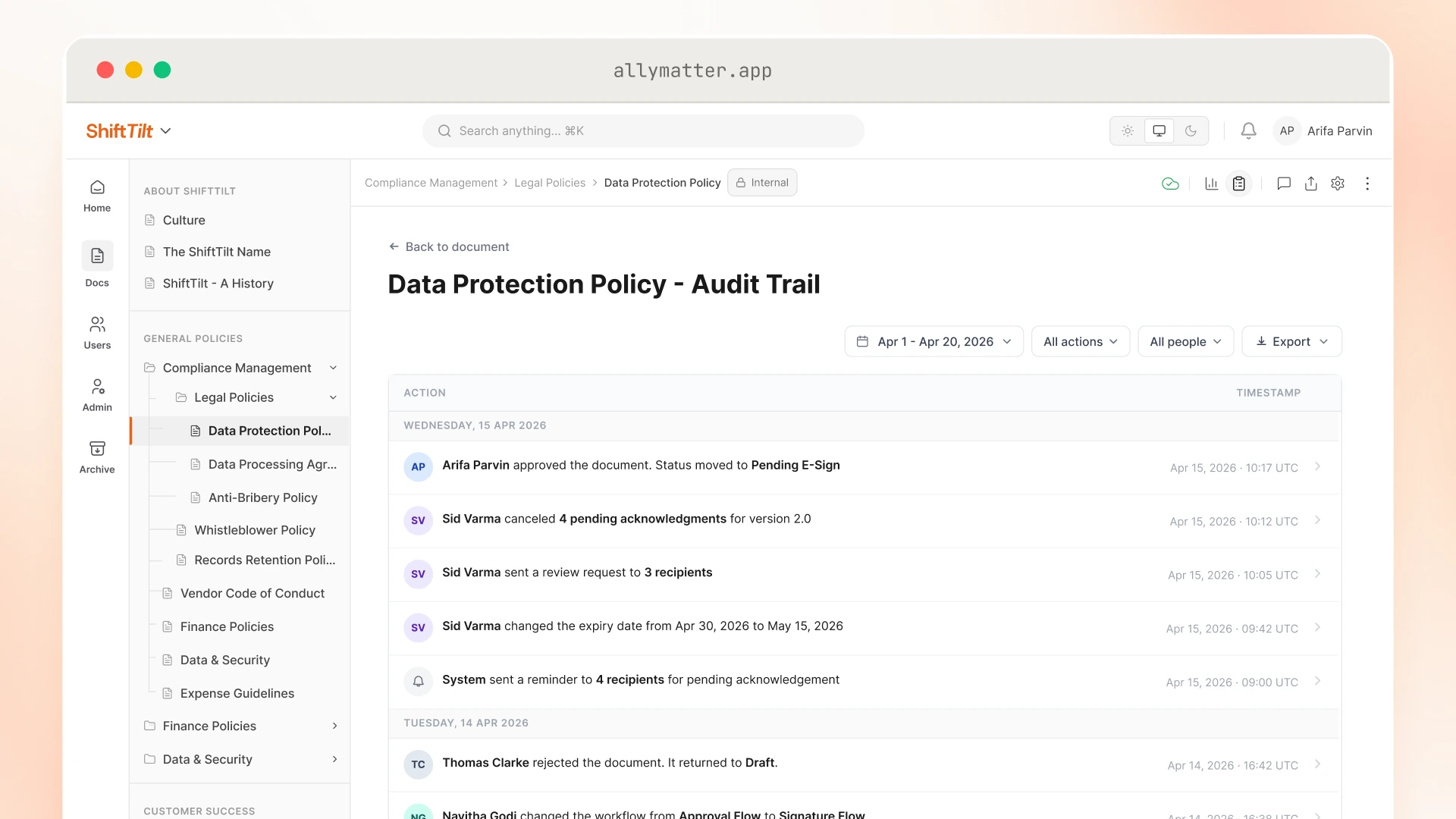 The “Data Protection Policy - Audit Trail” in AllyMatter, a timestamped log showing an approval moving the document to Pending E-Sign, canceled pending acknowledgments for version 2.0, a review request to 3 recipients, an expiry date change, a system reminder, and a rejection returning the document to Draft.