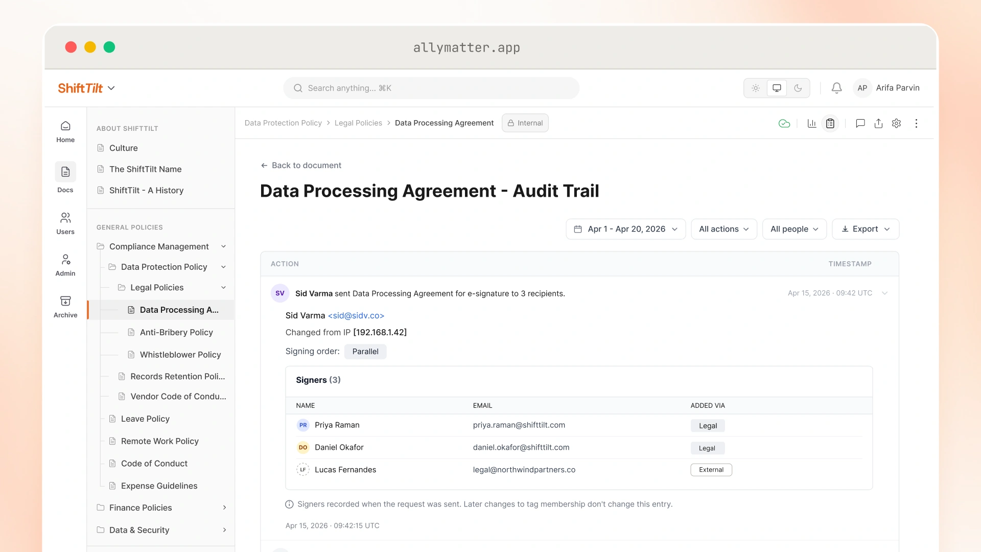 The “Data Processing Agreement - Audit Trail” in AllyMatter showing an e-signature request Sid Varma sent to 3 recipients, with parallel signing order and a Signers table listing Priya Raman, Daniel Okafor, and Lucas Fernandes with their emails and whether each was added via a Legal tag or as External, noting signers are recorded as of when the request was sent.