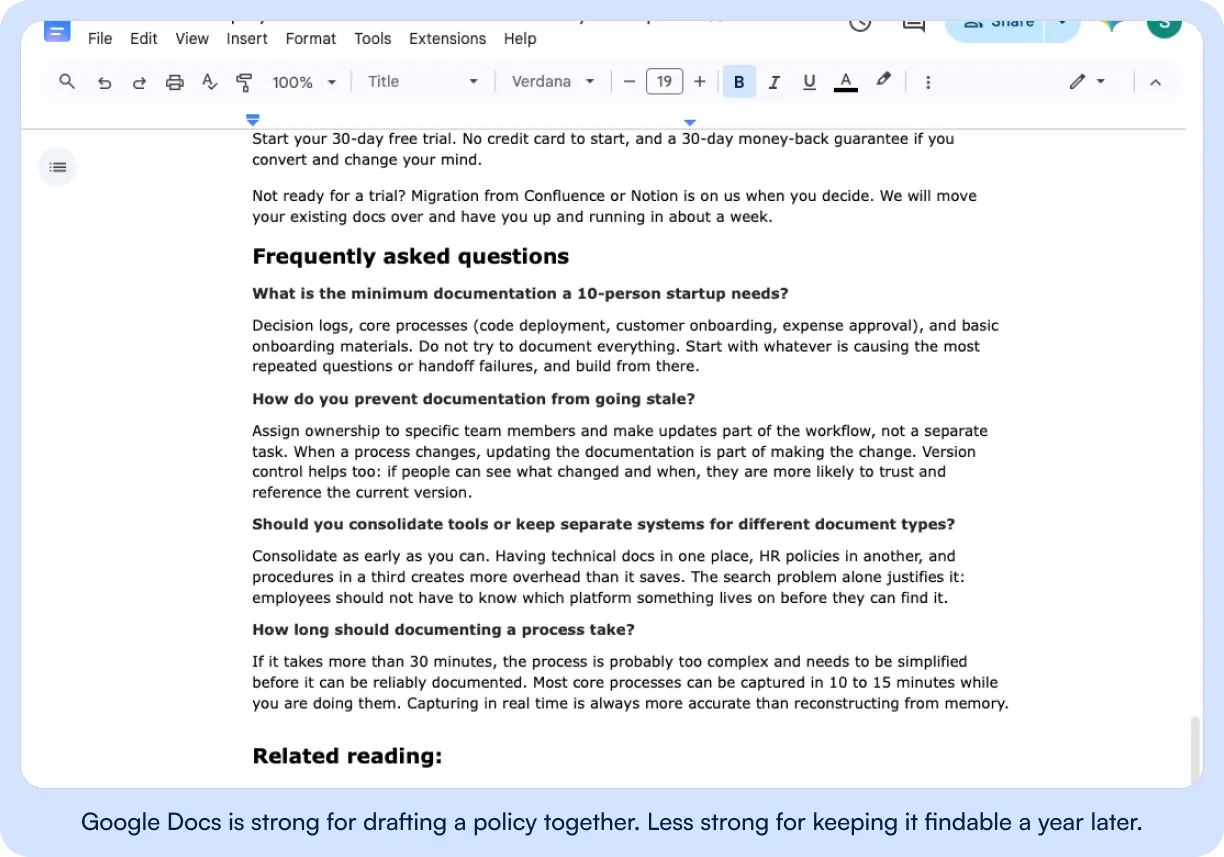 Google Docs window displaying a document with a Frequently Asked Questions section covering minimum documentation for a ten-person startup, preventing documentation from going stale, whether to consolidate tools or keep separate systems, and how long documenting a process should take, with the Google Docs toolbar and formatting panel visible at the top