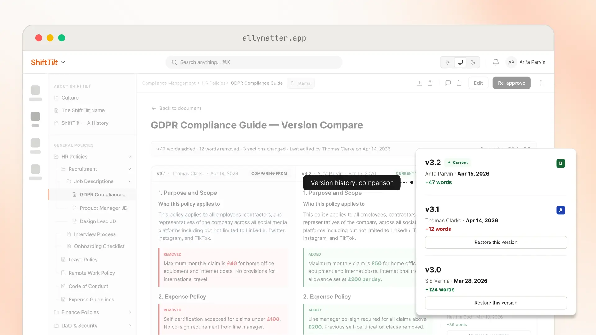 The Version Compare screen for a GDPR Compliance Guide, showing v3.1 and v3.2 side by side with removed text in red and added text in green. A version history panel lists v3.2 (current), v3.1 and v3.0 with authors, dates, word counts and Restore this version buttons.