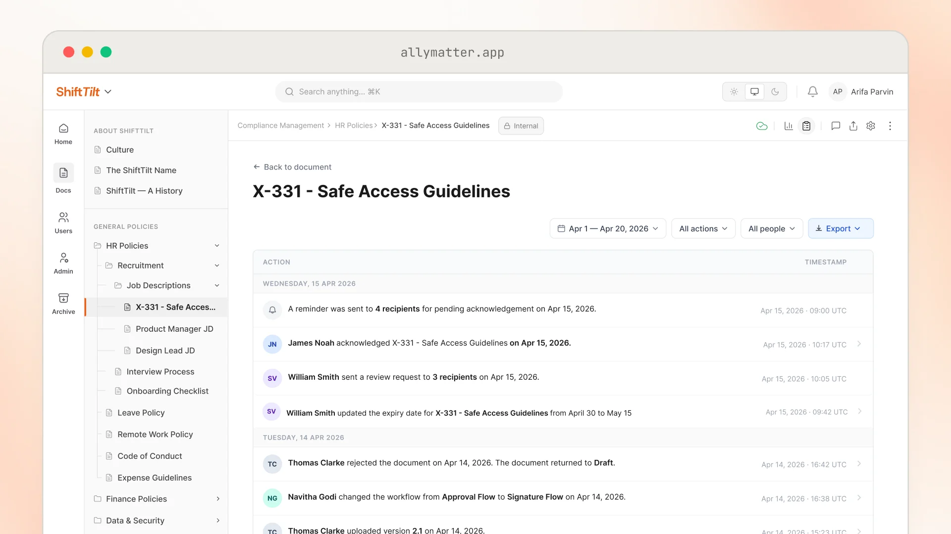 AllyMatter audit trail for the document X-331 - Safe Access Guidelines, filtered to Apr 1 to Apr 20, 2026, with an Export button. The log lists timestamped actions by named users, including a reminder sent to 4 recipients, James Noah acknowledging the document, an expiry date change, a rejection that returned the document to Draft, and a version 2.1 upload.
