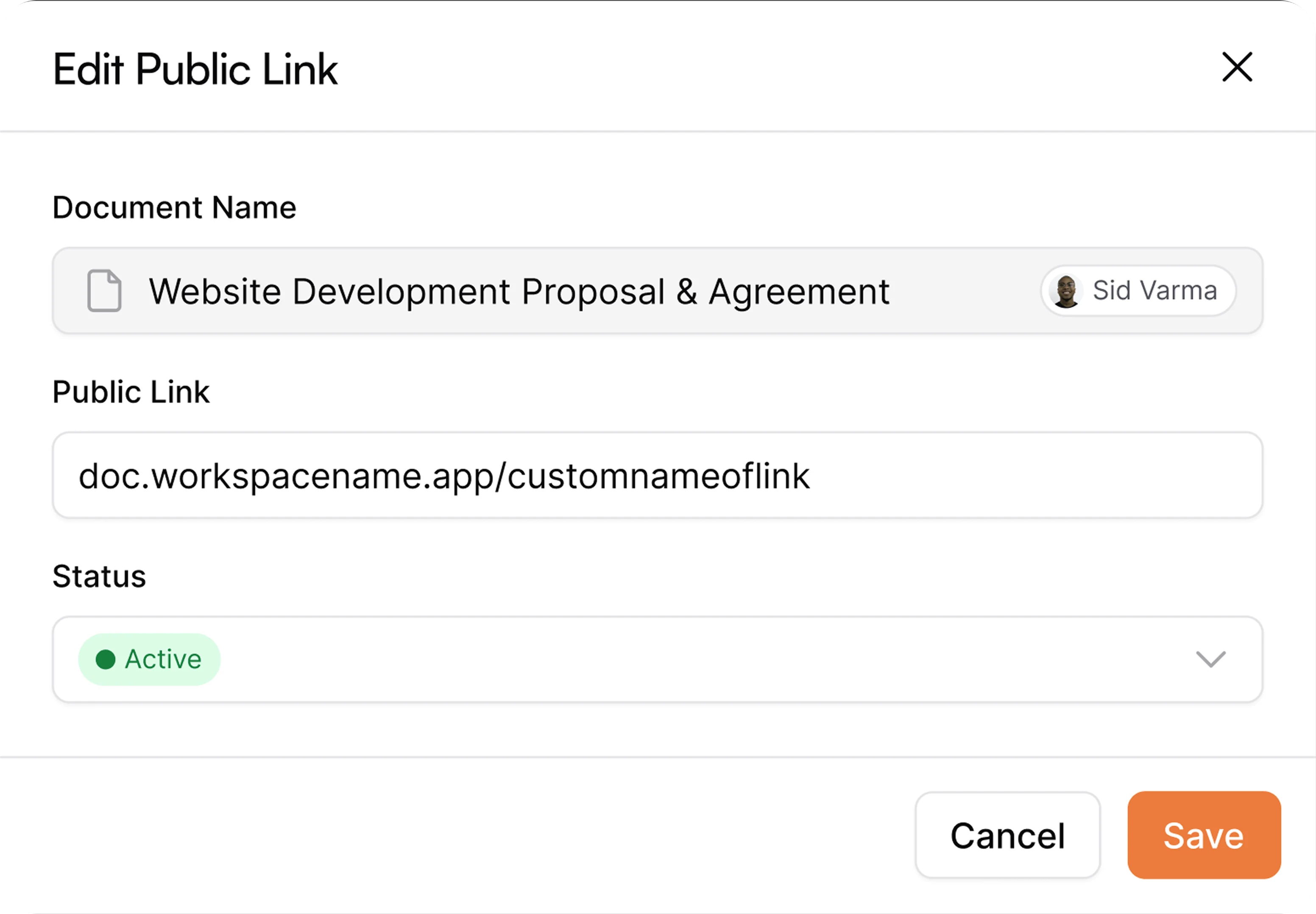 AllyMatter's Edit Public Link dialog showing a Website Development Proposal document owned by Sid Varma with customizable URL, active status, and save/cancel options.