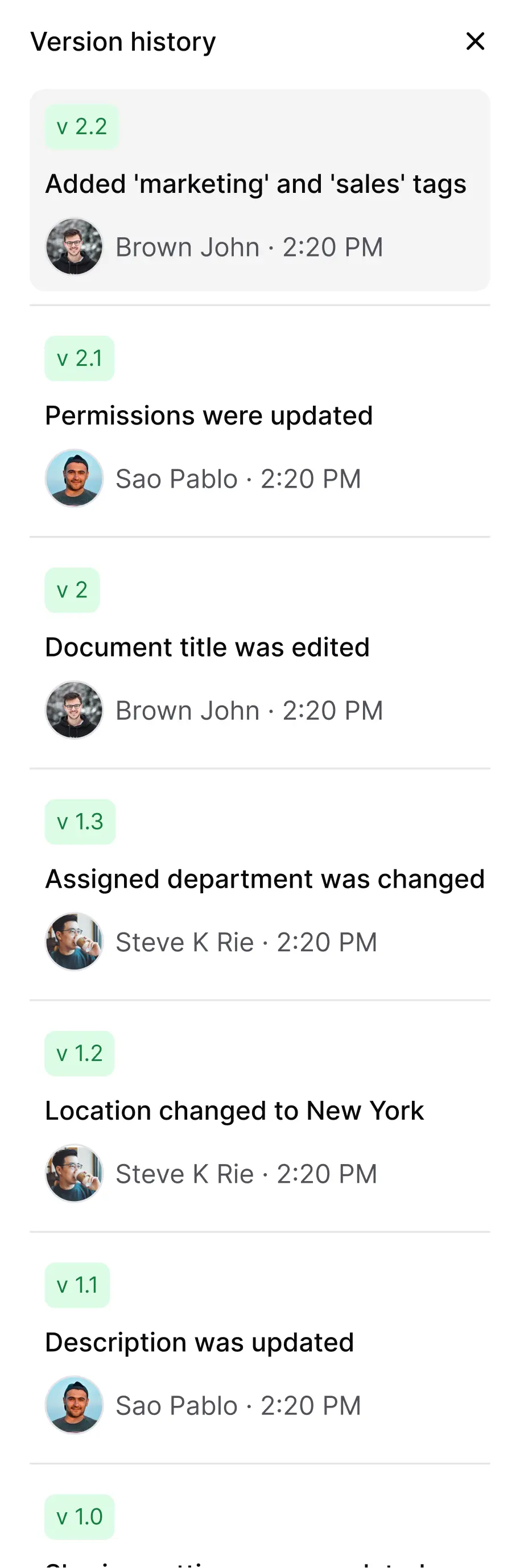 AllyMatter version history showing chronological document changes including tag updates, permission modifications, and content edits with user attribution