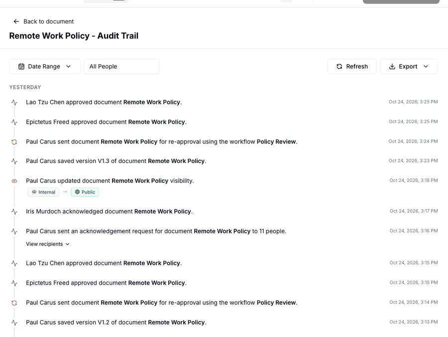 Animation scrolling through the AllyMatter audit trail of a Remote Work Policy, newest first: approvals by Lao Tzu Chen and Epictetus Freed, re-approval requests, saved versions 1.3, 1.2 and 1.1, a visibility change, acknowledgments by Iris Murdoch, acknowledgement requests to 11 and 9 people, a rejection by Epictetus Freed with the comment asking who to contact for equipment problems and how often the internet allowance is paid, the workflow being added and started, the review by date, and the document being created.