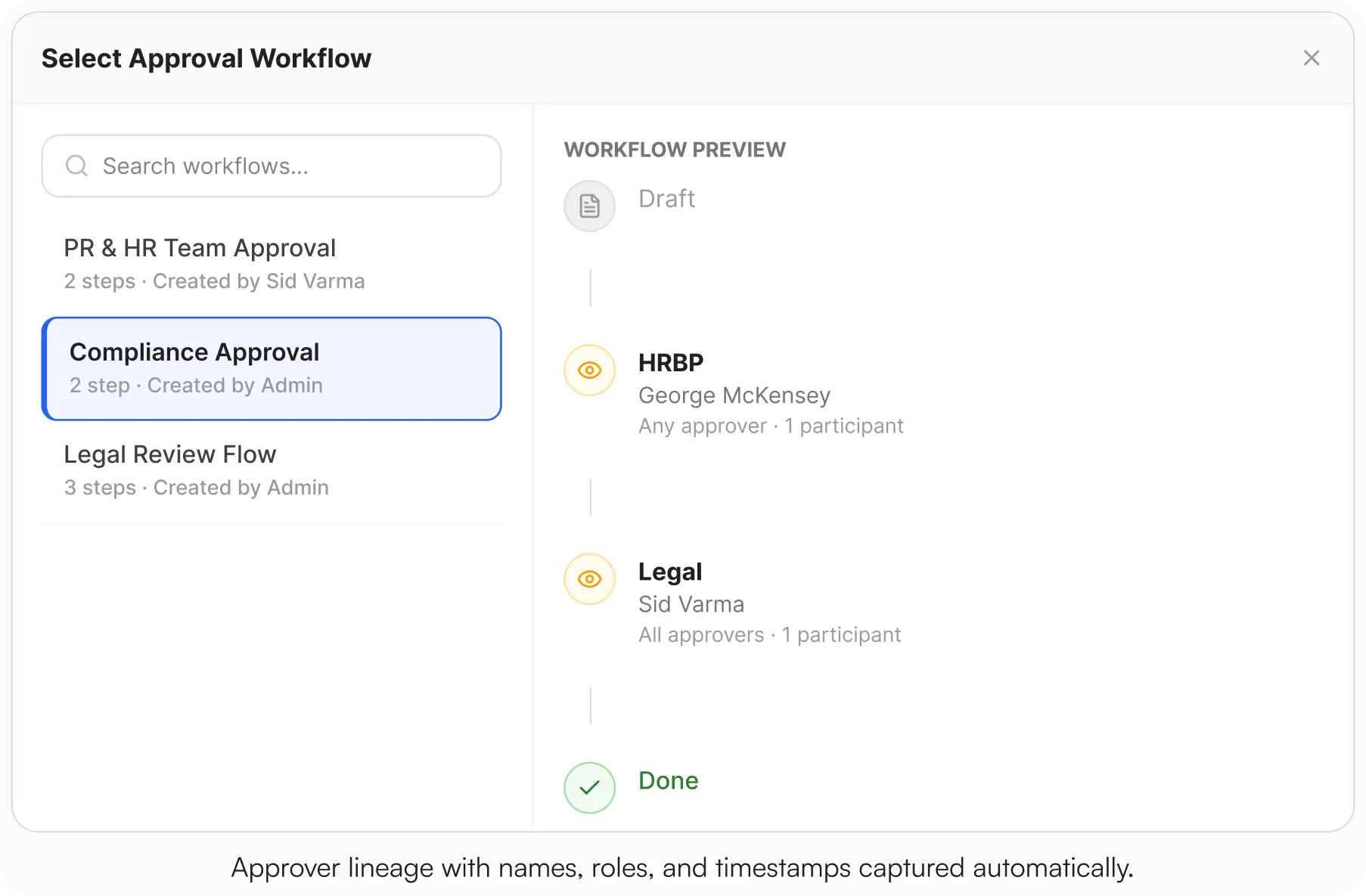 AllyMatter Select Approval Workflow modal showing three workflows in the left panel. Compliance Approval is selected, with a two-step preview on the right showing HRBP and Legal as sequential reviewers before the Done stage.