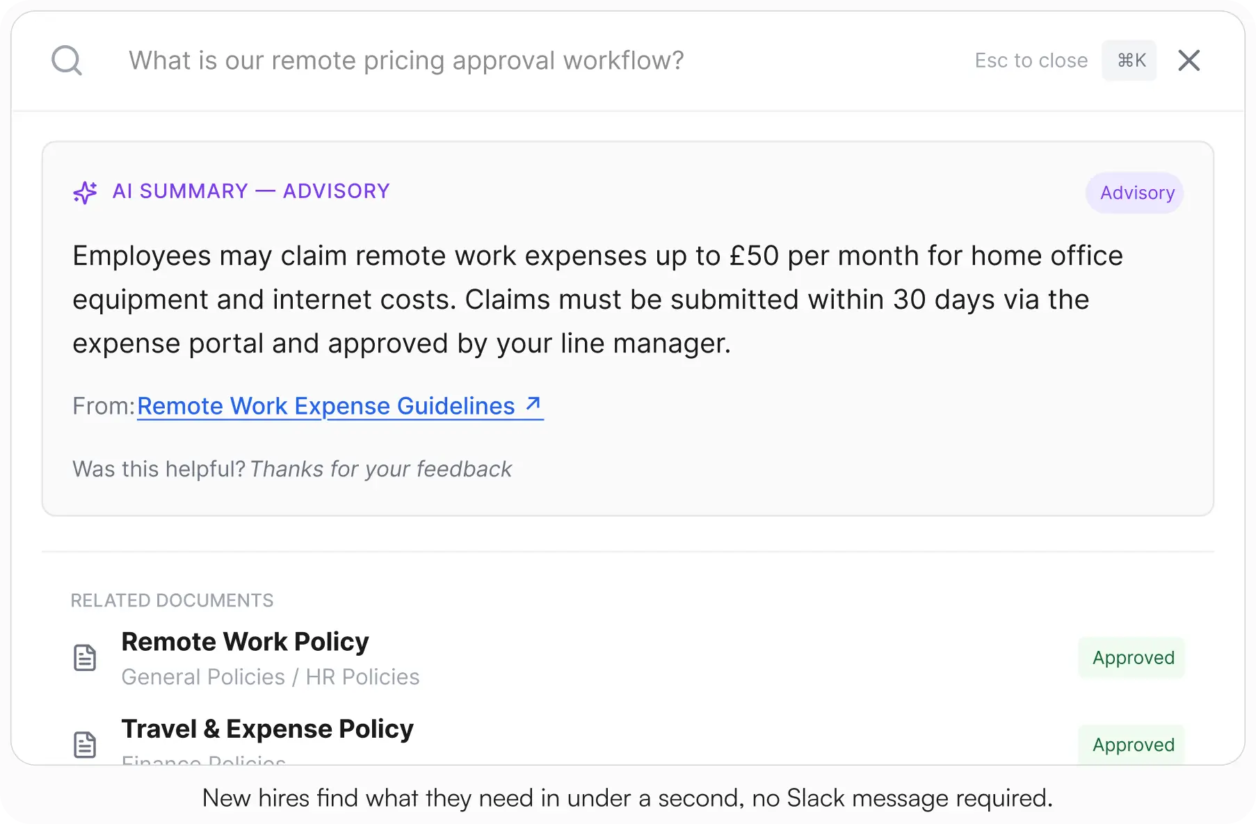 AllyMatter search interface with the query "What is our remote pricing approval workflow?" showing an AI Summary Advisory result explaining remote work expense claims up to £50 per month with a link to the Remote Work Expense Guidelines document, and related documents Remote Work Policy and Travel and Expense Policy shown below with Approved status