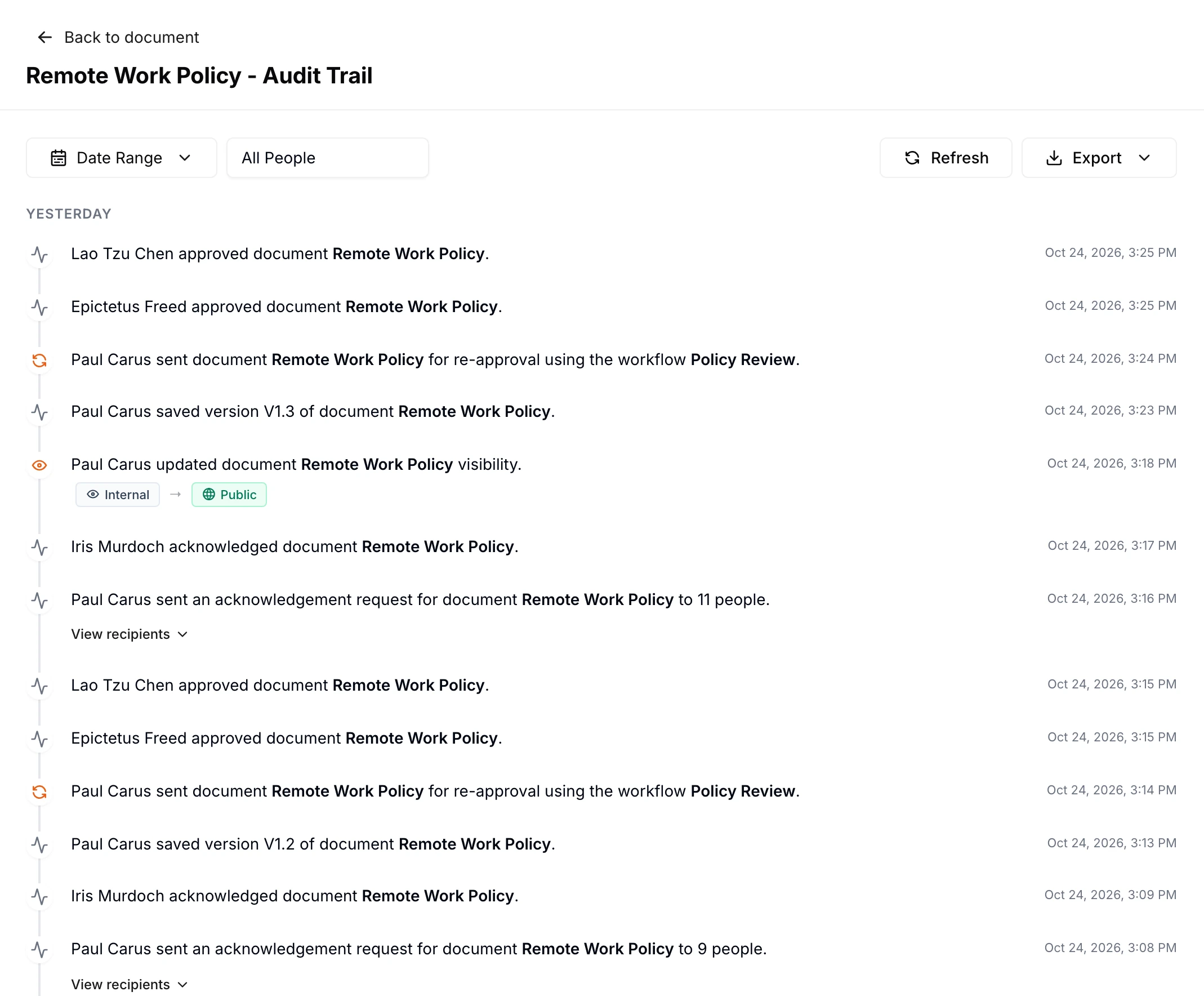 A real document audit trail in AllyMatter for a Remote Work Policy, newest first: two approvals, a re-approval request, a saved version 1.3, a visibility change, an acknowledgment by Iris Murdoch, and an acknowledgement request sent to 11 people, each with a date and time.