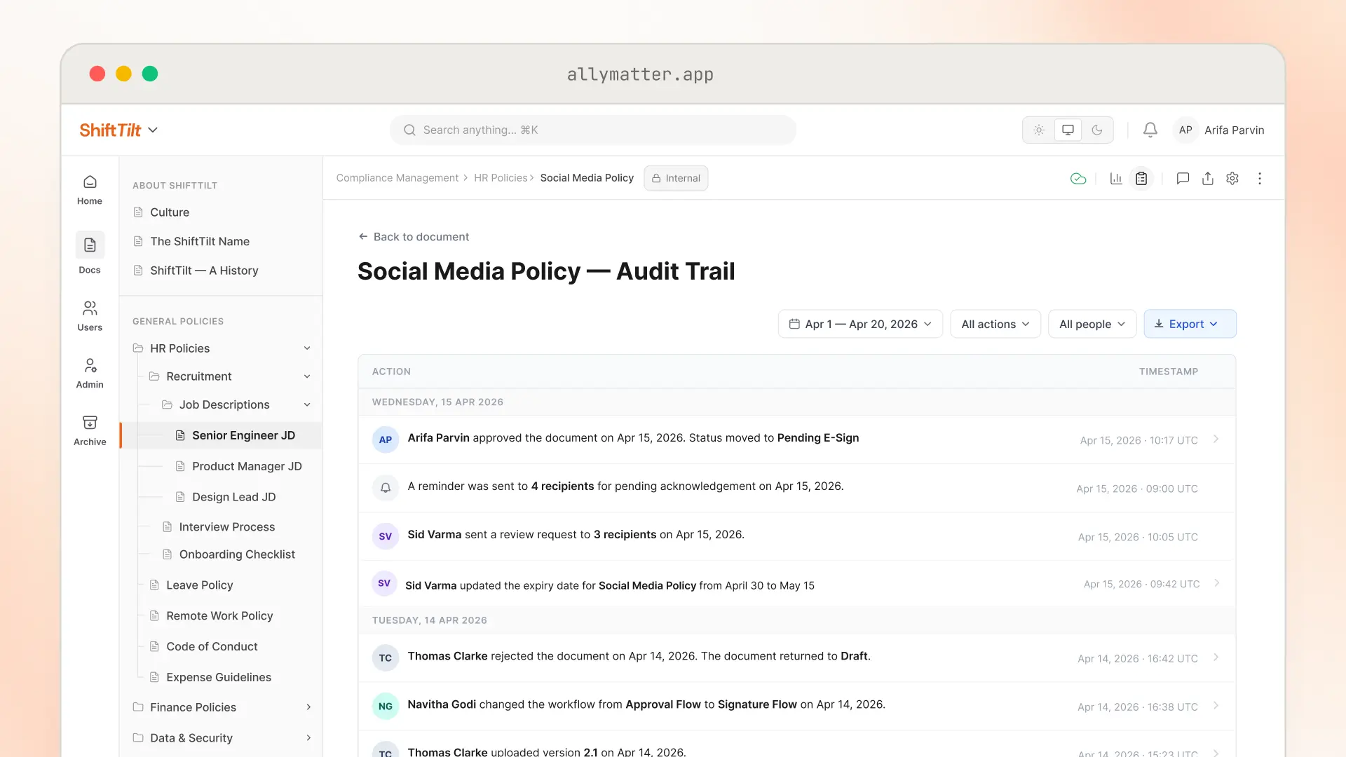 The "Social Media Policy: Audit Trail" in AllyMatter, a timestamped log of approvals, reminders, review requests, expiry changes, rejections, and version uploads, filterable by date, action, and person, with an Export option.