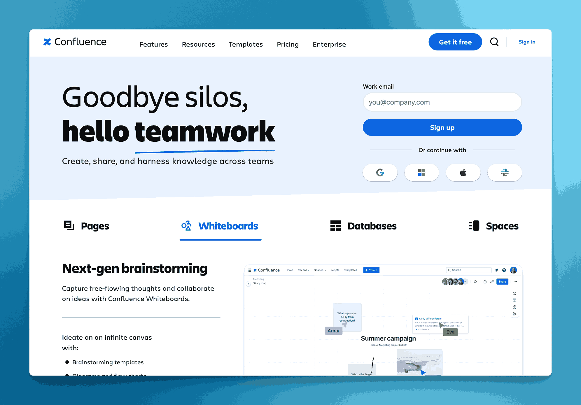 Confluence collaboration platform for goodbye silos hello teamwork with whiteboards, pages, databases and spaces for knowledge sharing across teams