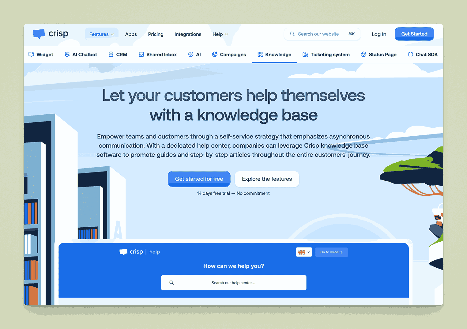 Crisp knowledge base software for customer self-service with help center interface and 14-day free trial for empowering teams and customers