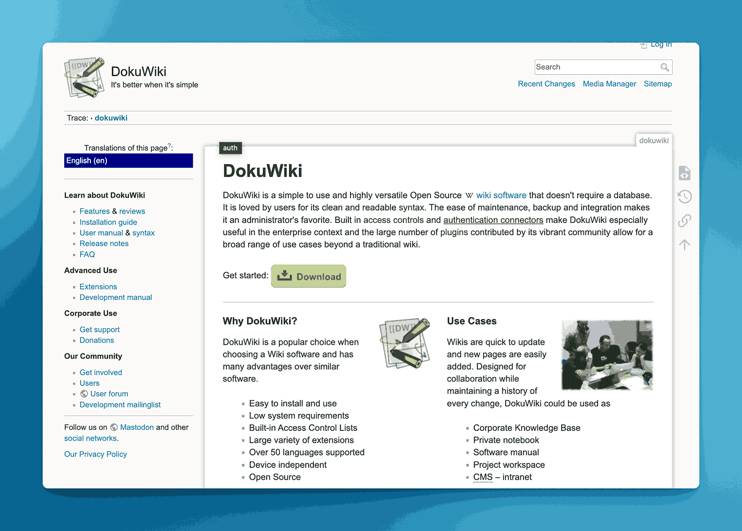 DokuWiki open source wiki software homepage highlighting simple, versatile wiki platform with clean syntax and enterprise features