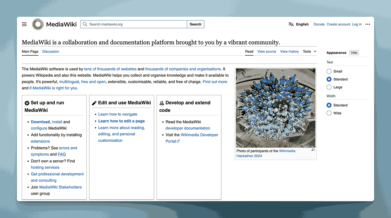 MediaWiki collaboration documentation platform main page showing Wikipedia-powered wiki software with community features and developer resources