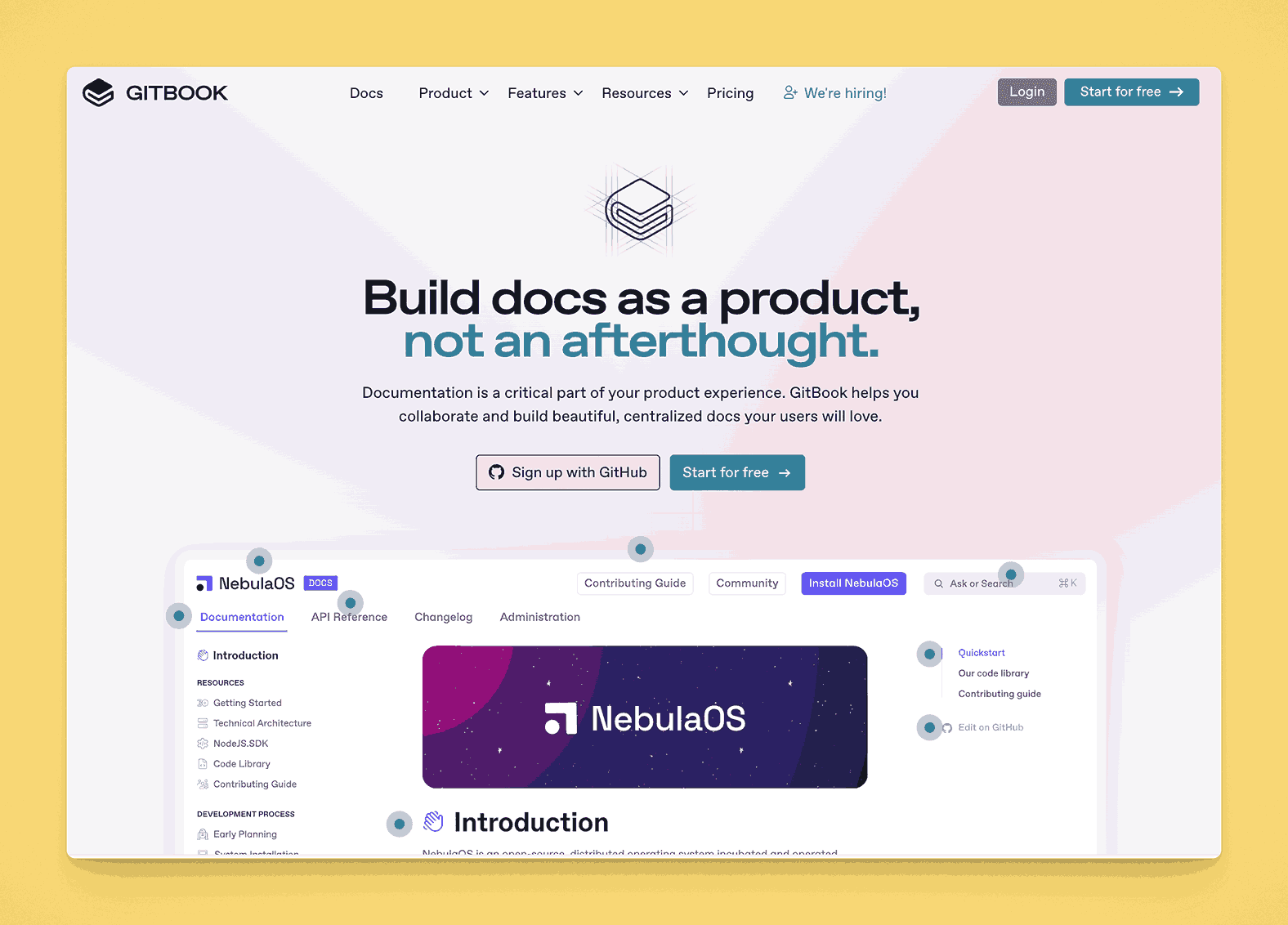 GitBook platform for building docs as a product with NebulaOS documentation interface and GitHub integration for centralized collaboration