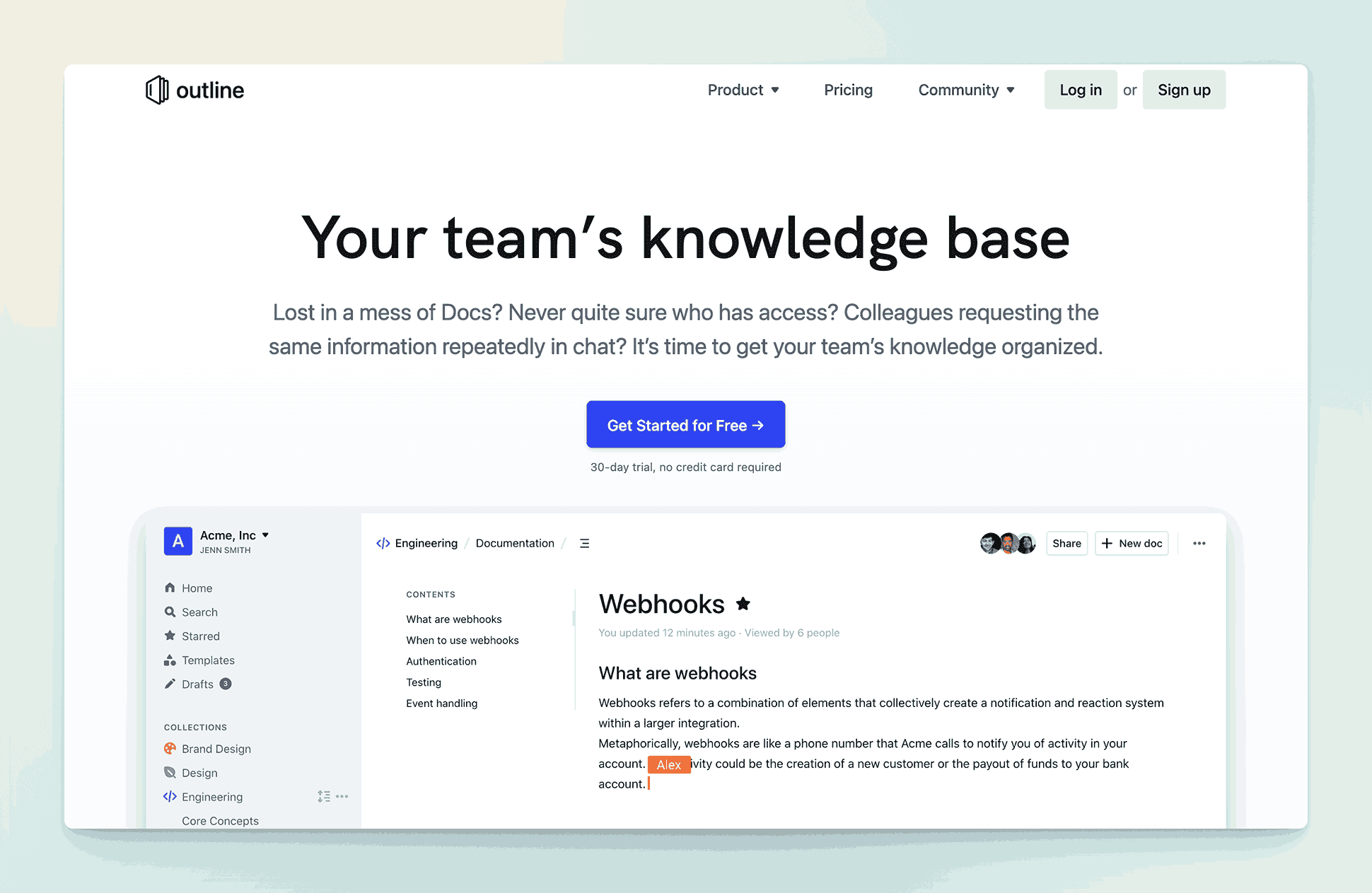 Outline team knowledge base platform showing webhooks documentation with collaborative editing and organized content structure