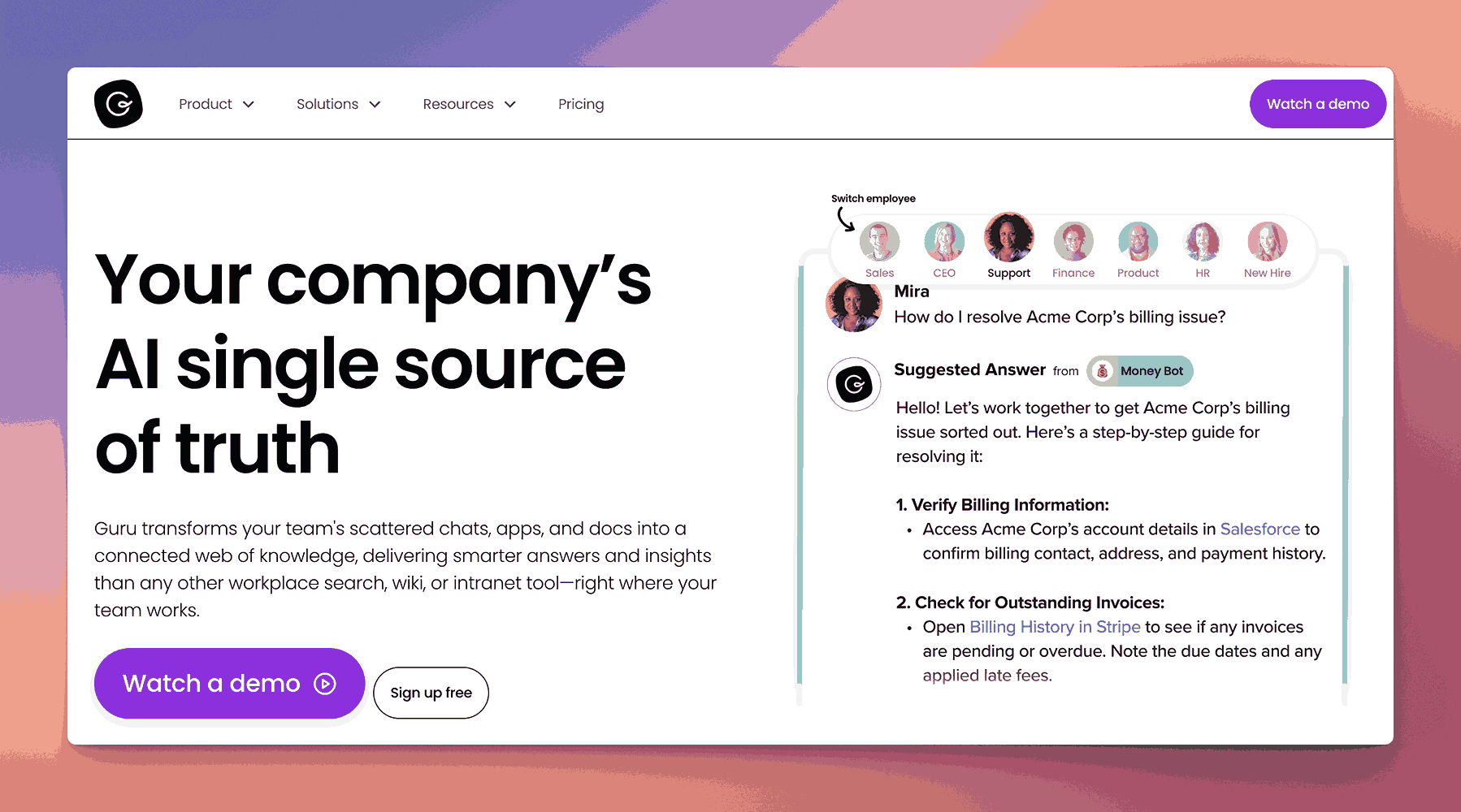 Guru AI-powered single source of truth knowledge platform showing employee question answering with step-by-step billing resolution guides