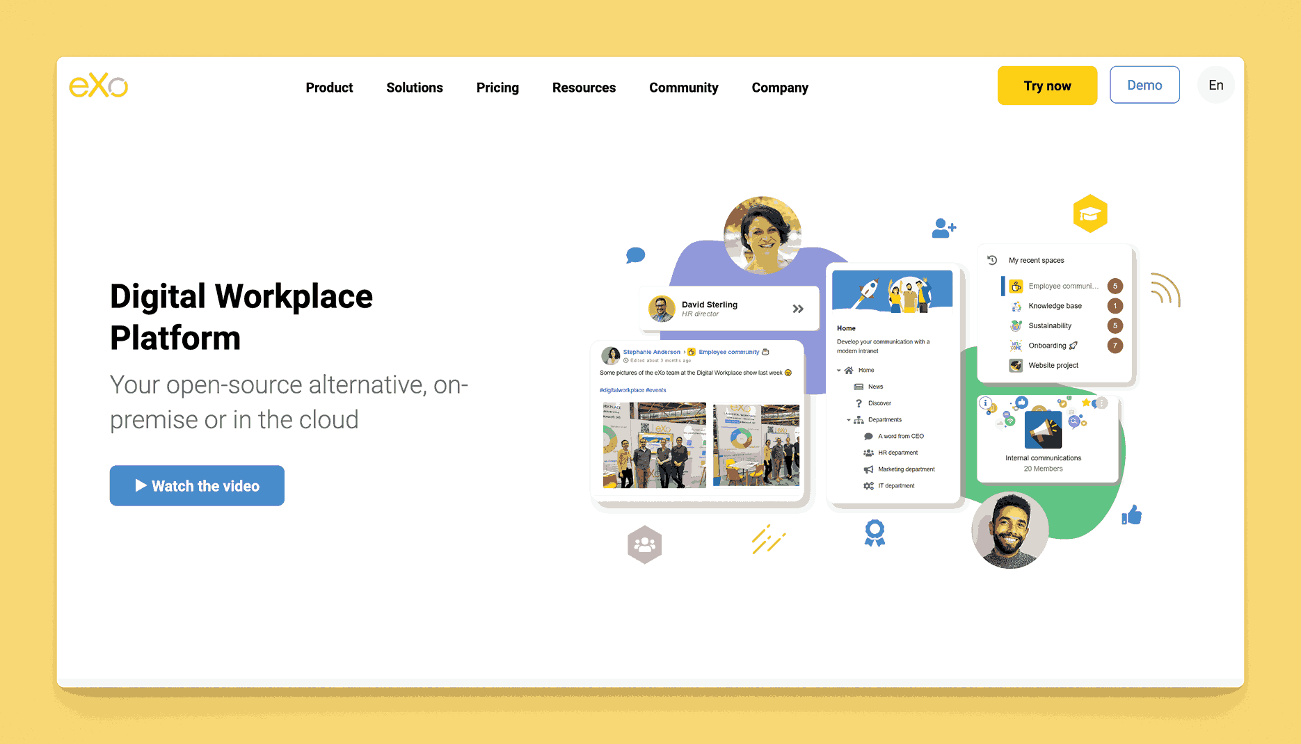 eXo digital workplace platform showing open-source alternative with employee communication features and knowledge base integration for teams