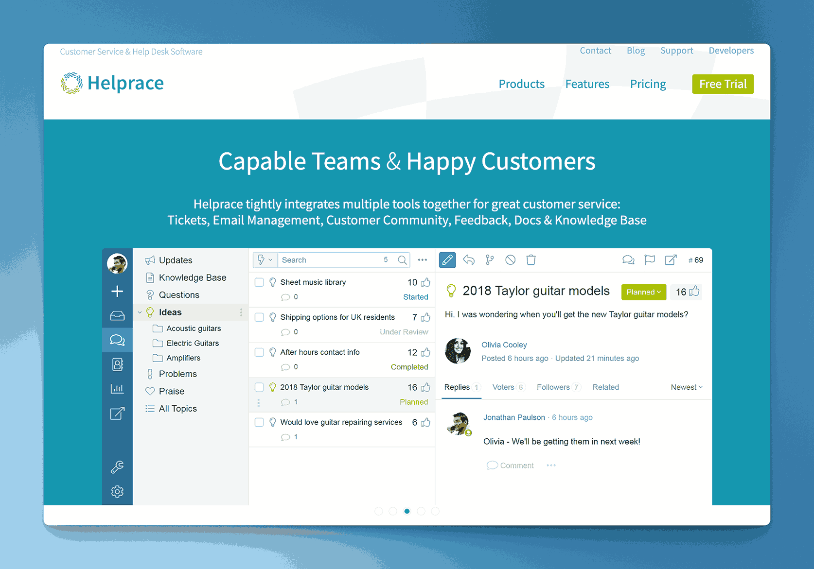 Helprace customer service platform interface showing integrated help desk, community forum and knowledge base for capable teams and happy customers