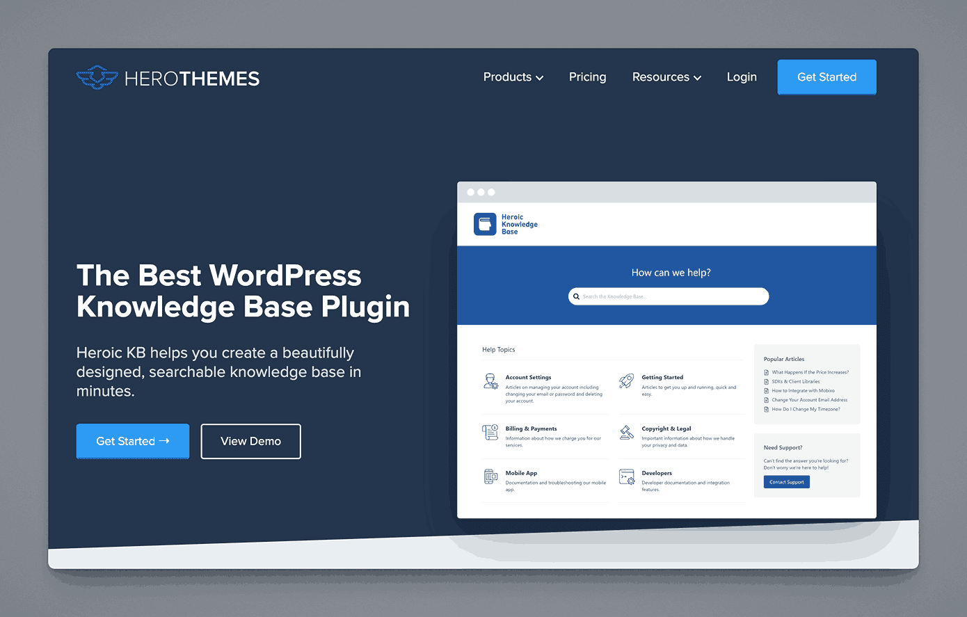 Heroic Knowledge Base WordPress plugin interface showing searchable knowledge base with help topics and customer support features