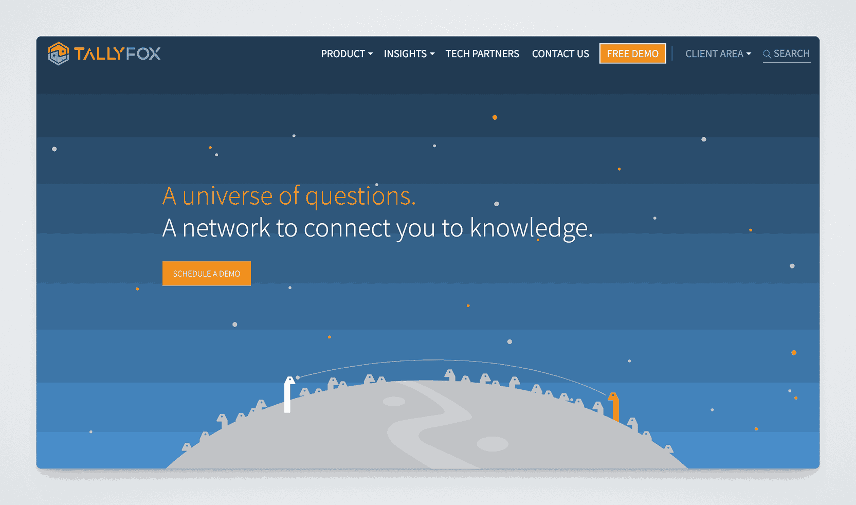 TallyFox Tallium knowledge management and collaboration platform homepage featuring universe of questions and network to connect you to knowledge