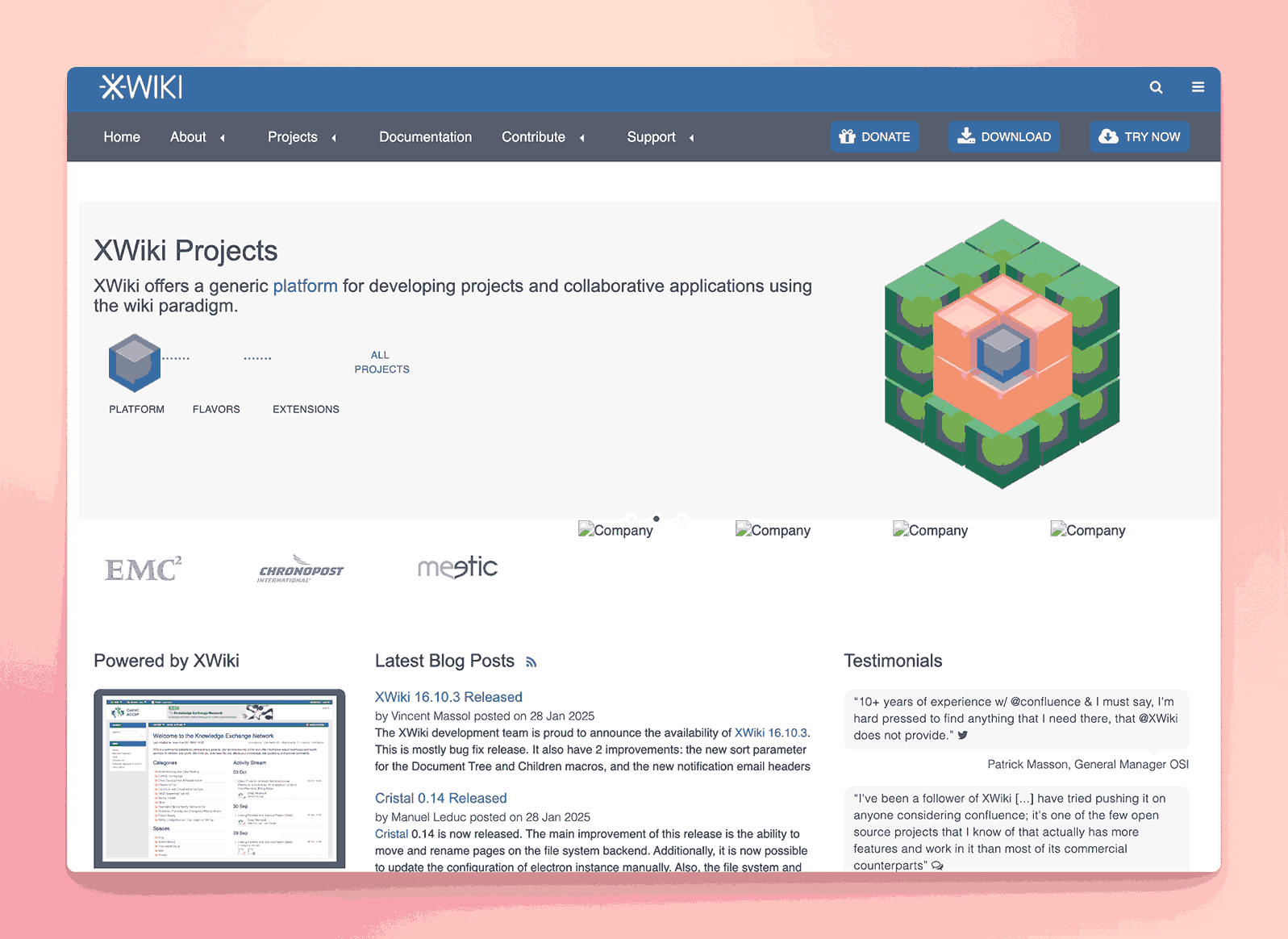 XWiki collaborative platform projects showing generic wiki development environment with company testimonials and latest blog updates