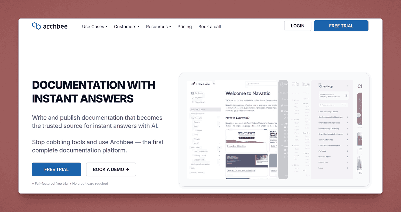 Archbee documentation platform homepage showcasing AI-powered instant answers and complete documentation platform for technical teams