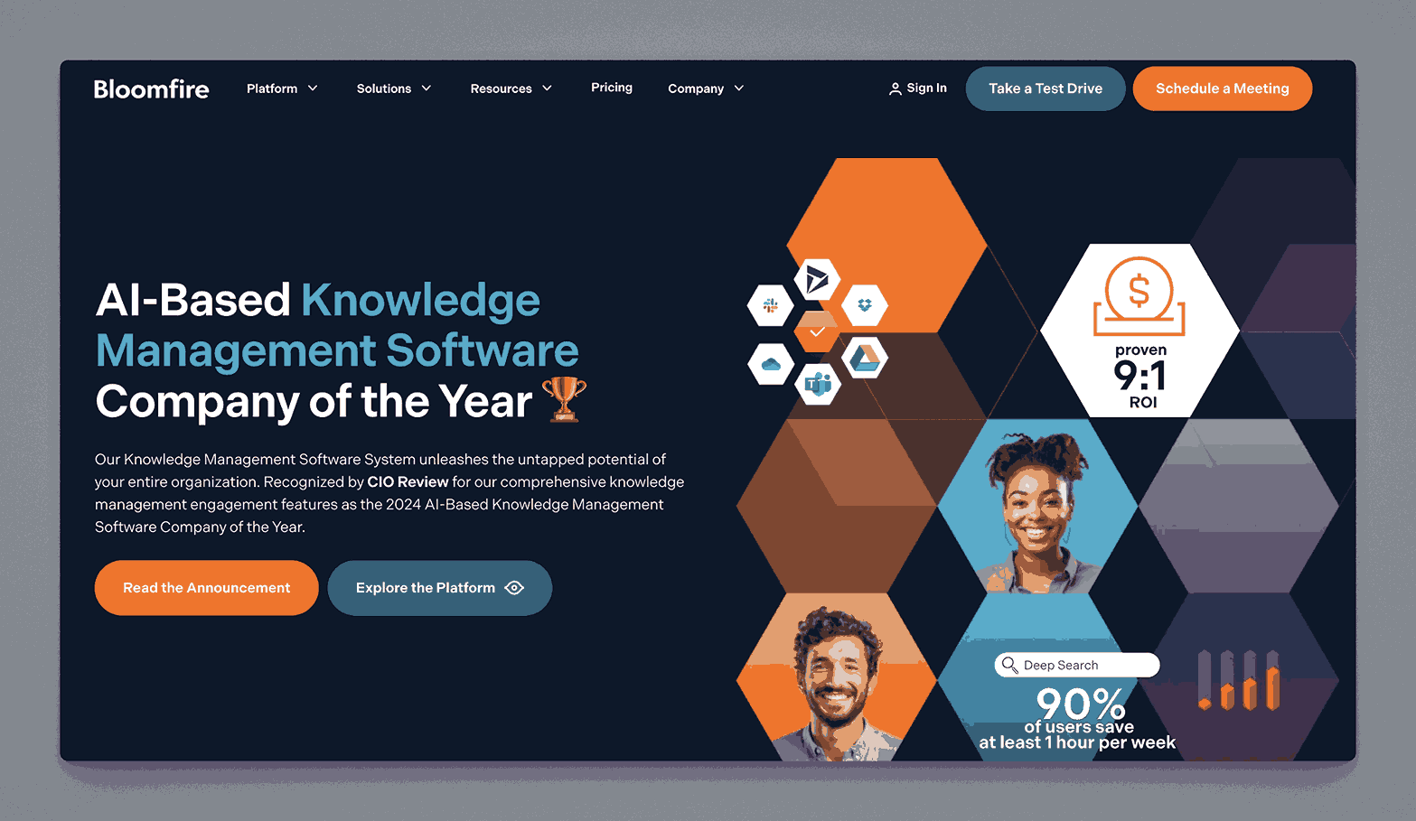 Bloomfire AI-based knowledge management software platform featuring award-winning interface with proven ROI metrics and deep search capabilities