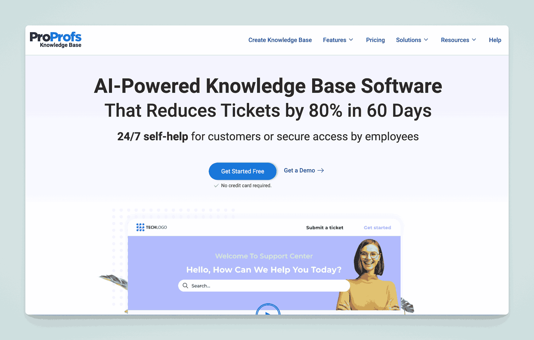 ProProfs Knowledge Base AI-powered software homepage claiming 80% ticket reduction in 60 days with self-help features