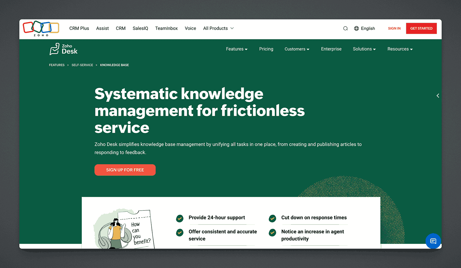 Zoho Desk systematic knowledge management platform for frictionless service with 24-hour support and agent productivity features
