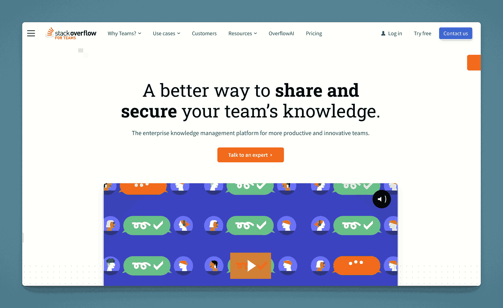 Stack Overflow for Teams enterprise knowledge management platform for sharing and securing team knowledge through Q&A format
