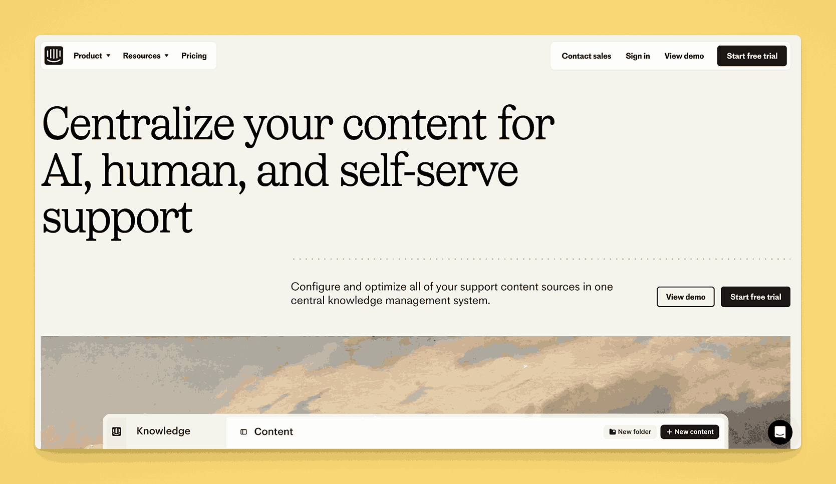 Centralized content management platform for AI, human, and self-serve support with knowledge management system interface for configuring and optimizing support content sources