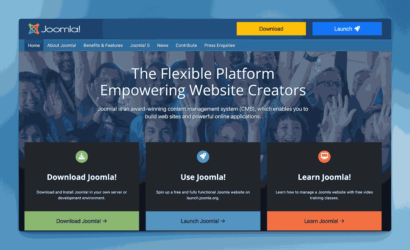 Joomla flexible content management system (CMS) platform homepage empowering website creators with award-winning features for building web sites and online applications