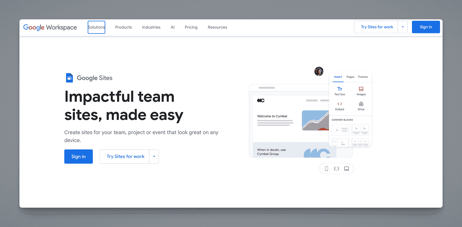 Google Sites platform for creating impactful team collaboration websites with drag-and-drop site building for projects and events