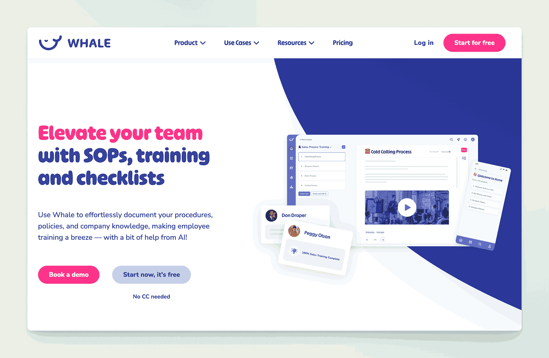 Whale platform for elevating team with SOPs, training and checklists for documenting procedures, policies, and company knowledge with AI assistance