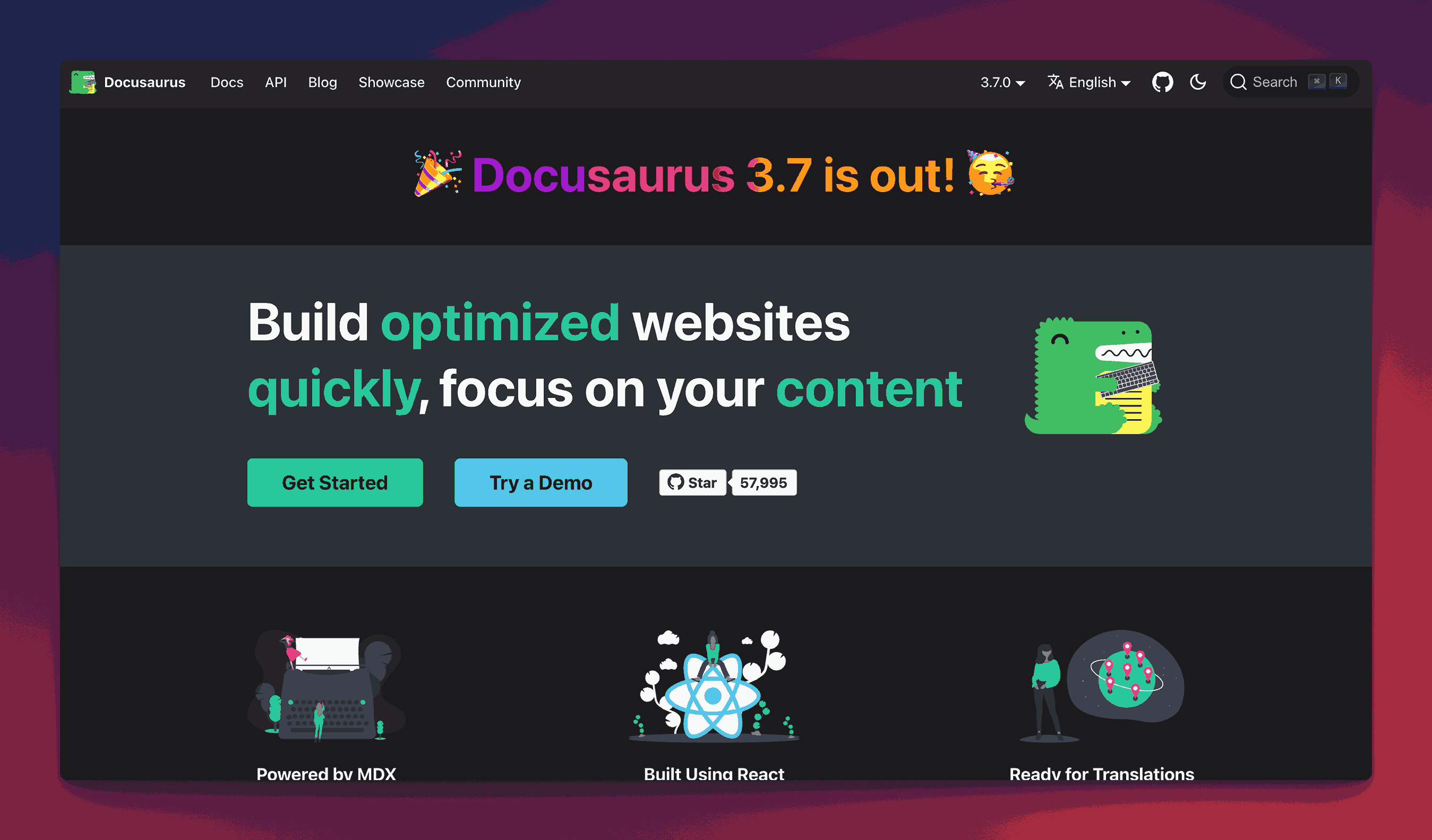 Docusaurus documentation platform for building optimized websites quickly with focus on content creation and developer-friendly features