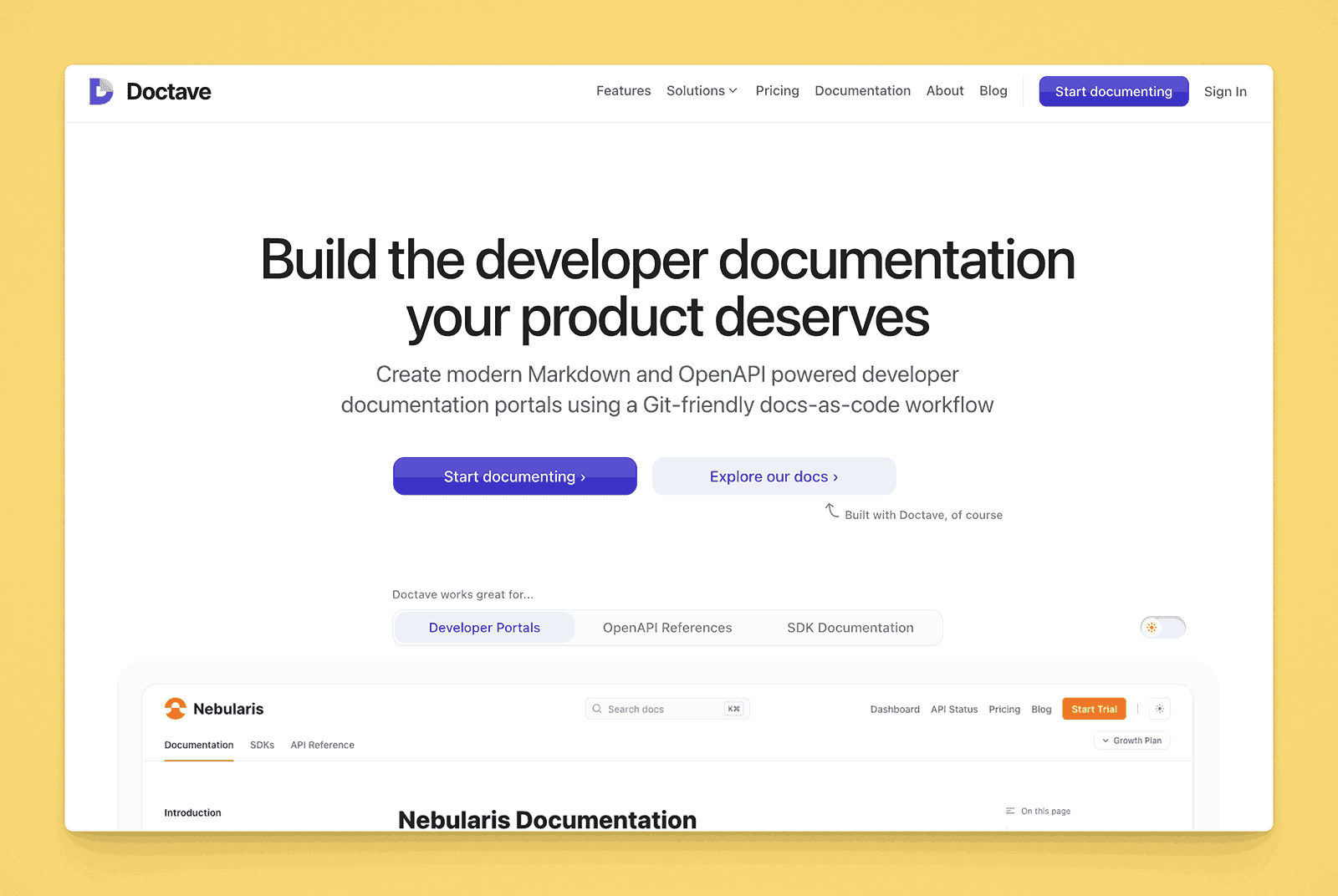 Doctave's landing page promotes building developer documentation with a "docs-as-code" workflow, featuring calls to action and examples of its documentation portal interface.