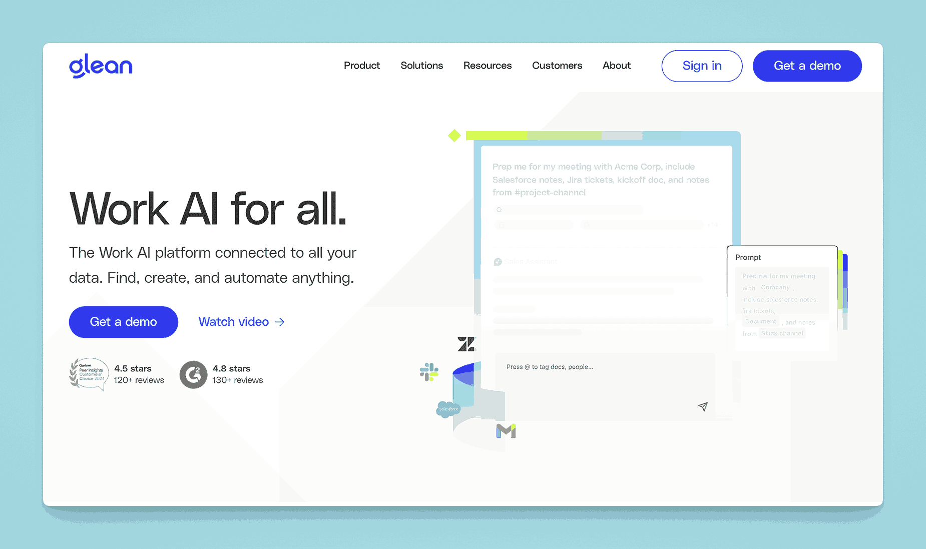 Glean Work AI platform connected to all your data for finding, creating, and automating anything with 4.5-star rating and enterprise integrations
