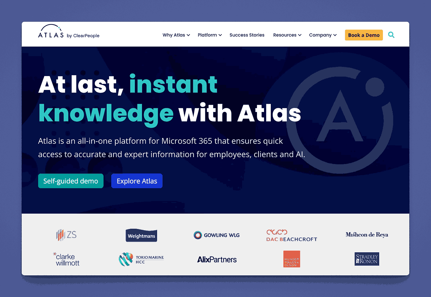 tlas by ClearPeople's landing page advertises "instant knowledge with Atlas," an all-in-one platform for Microsoft 365, with calls to action for a demo and exploration, and features logos of prominent client companies.