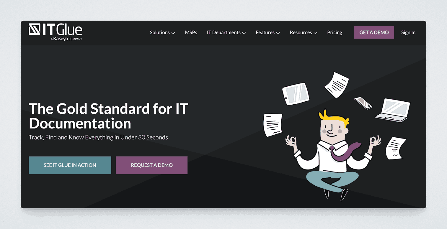 IT Glue documentation platform marketed as the gold standard for IT documentation with 30-second information tracking and finding capabilities