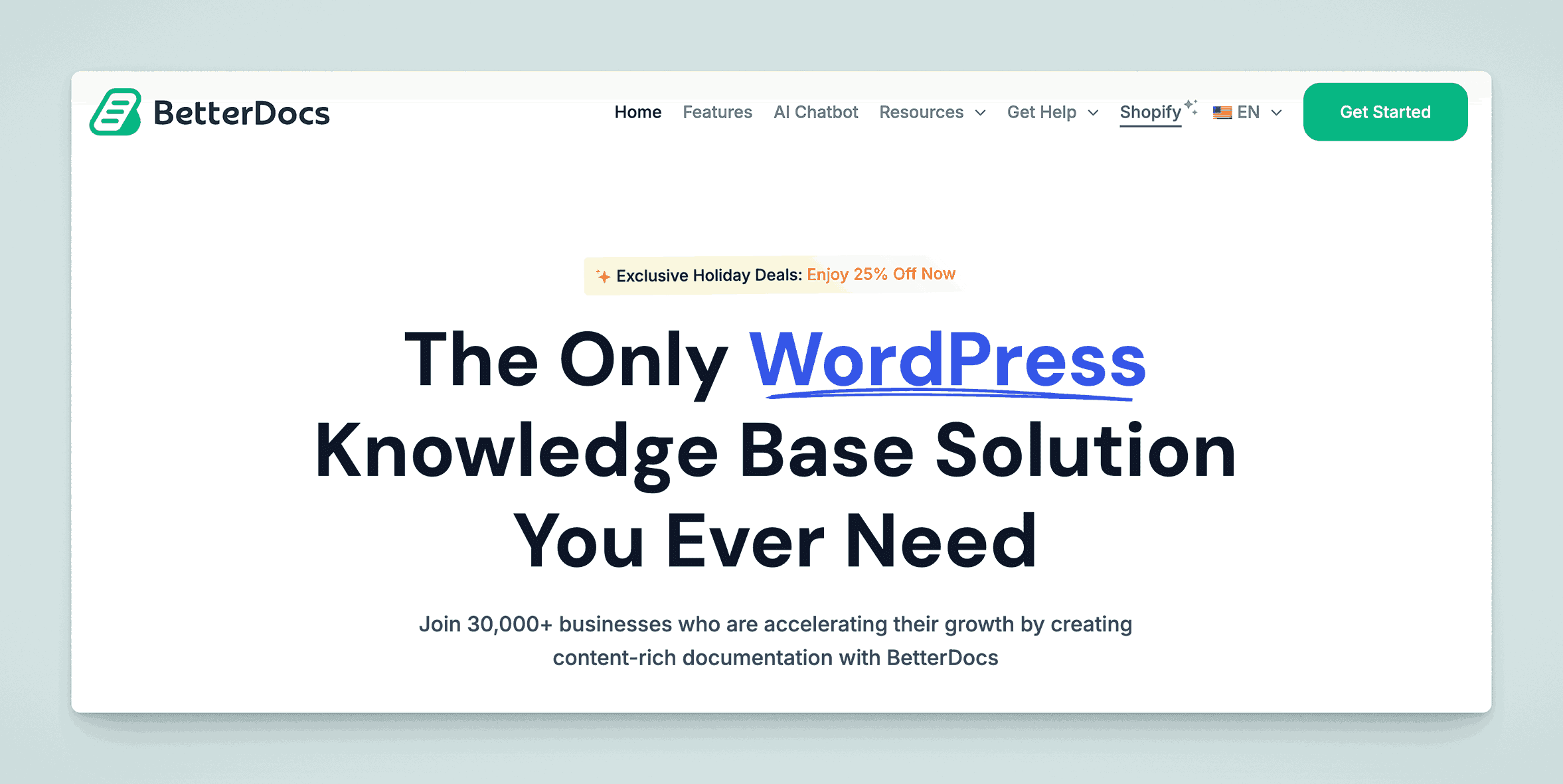 BetterDocs the only WordPress knowledge base solution with exclusive holiday deals for 30,000+ businesses creating content-rich documentation