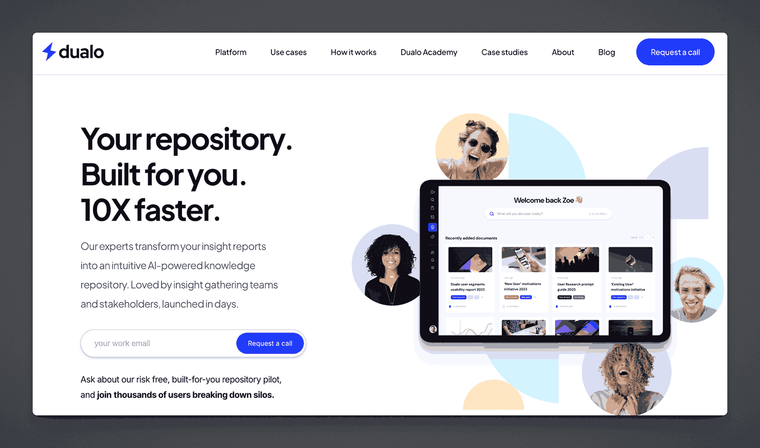 Dualo AI-powered knowledge repository platform built for insight teams with 10x faster document processing and intuitive interface