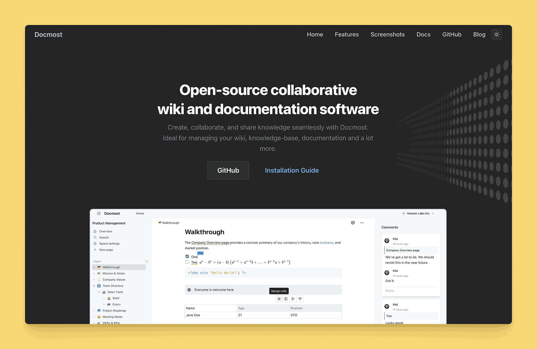 Docmost open-source collaborative wiki and documentation software showing product management walkthrough interface with commenting system
