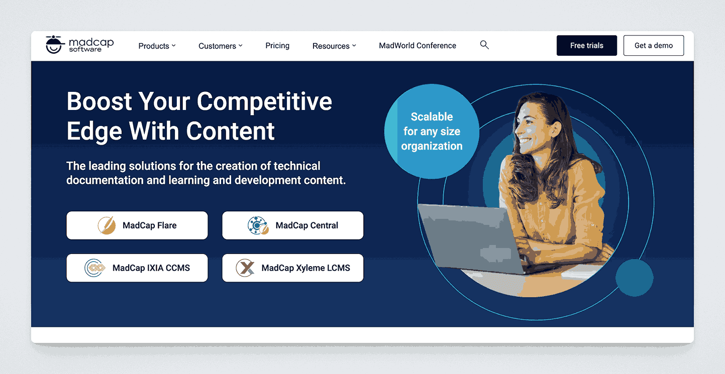 MadCap Software suite for technical documentation and content creation including Flare, Central, IXIA CCMS, and Xyleme LCMS