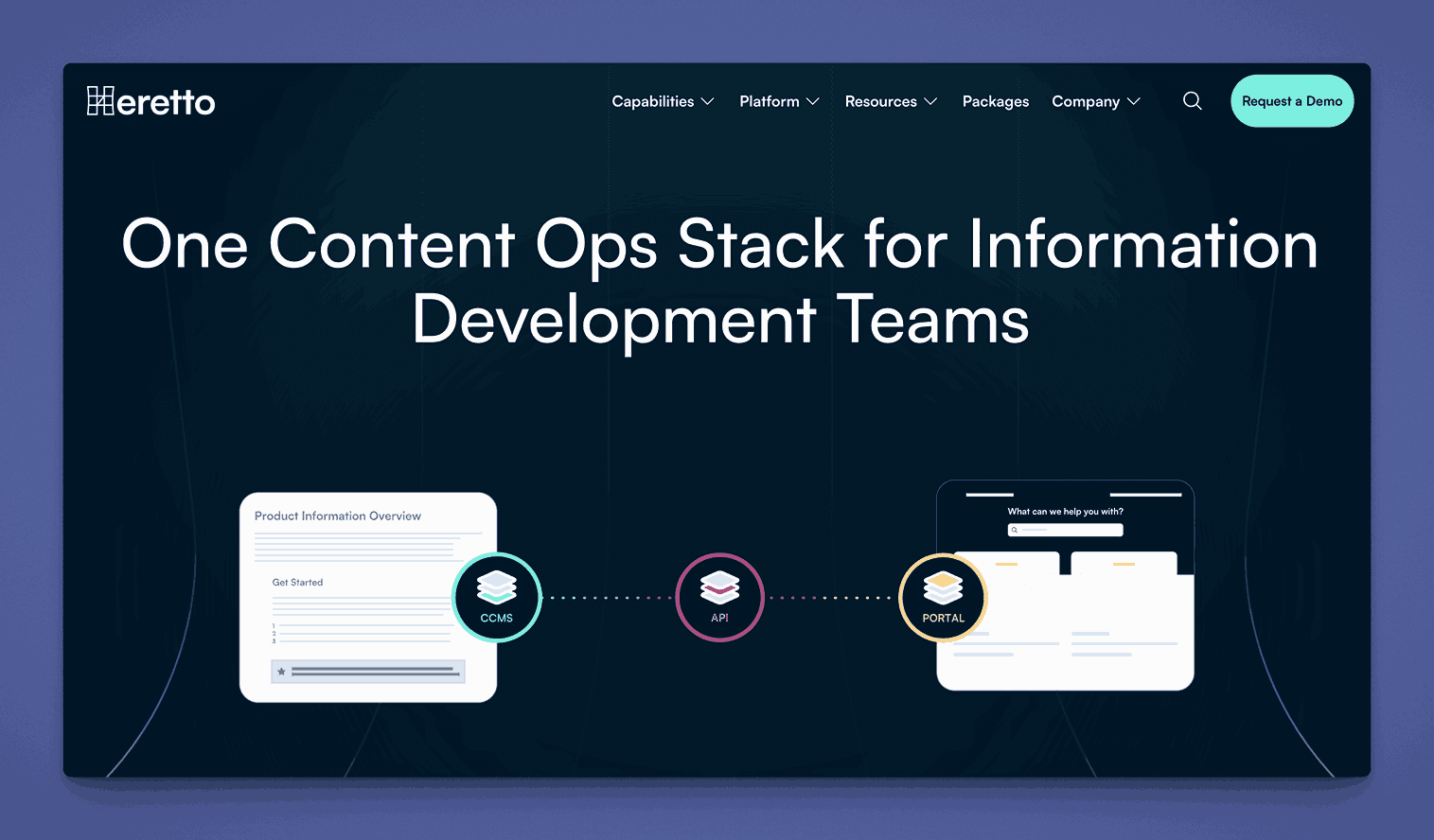 Heretto's landing page showcases its "One Content Ops Stack for Information Development Teams" with a visual diagram illustrating the flow from "Product Information Overview" (CCMS) through an API to a "Portal" for content delivery.