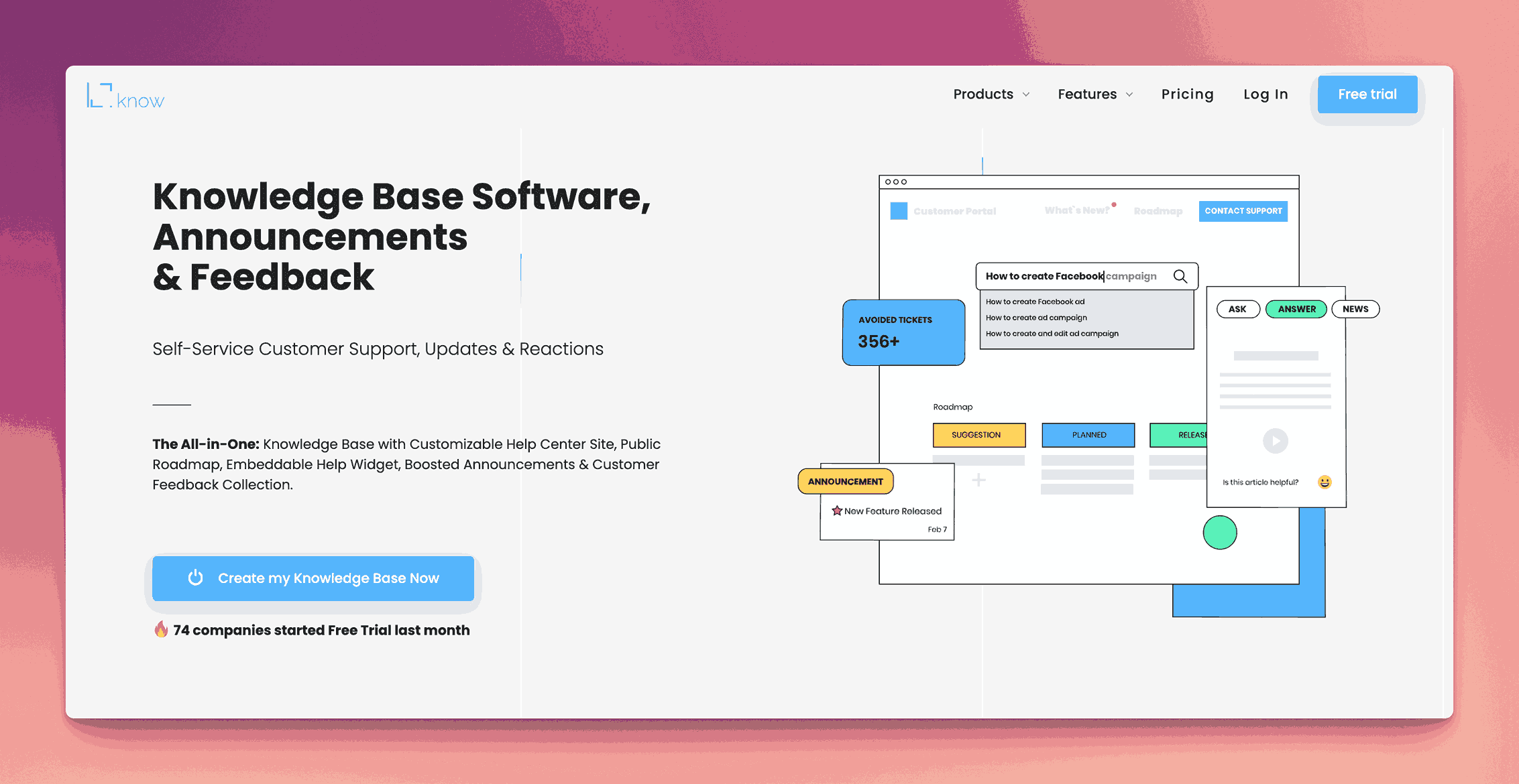 LabiKnow's "Knowledge Base Software, Announcements & Feedback" solution with a visual example of its self-service customer portal, highlighting features like ticket avoidance and a roadmap.