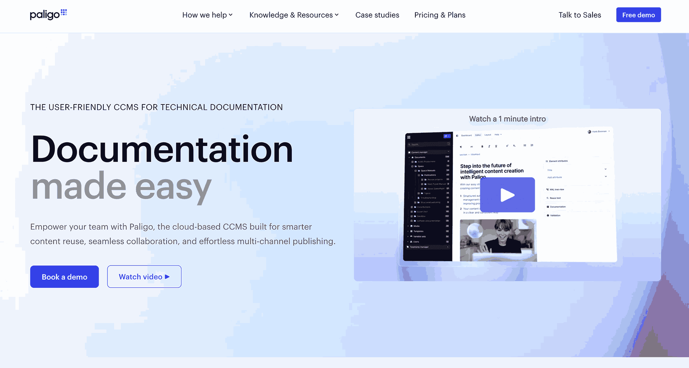 Paligo component content management system homepage displaying "Documentation made easy" with cloud-based CCMS interface and video demonstration of intelligent content creation features