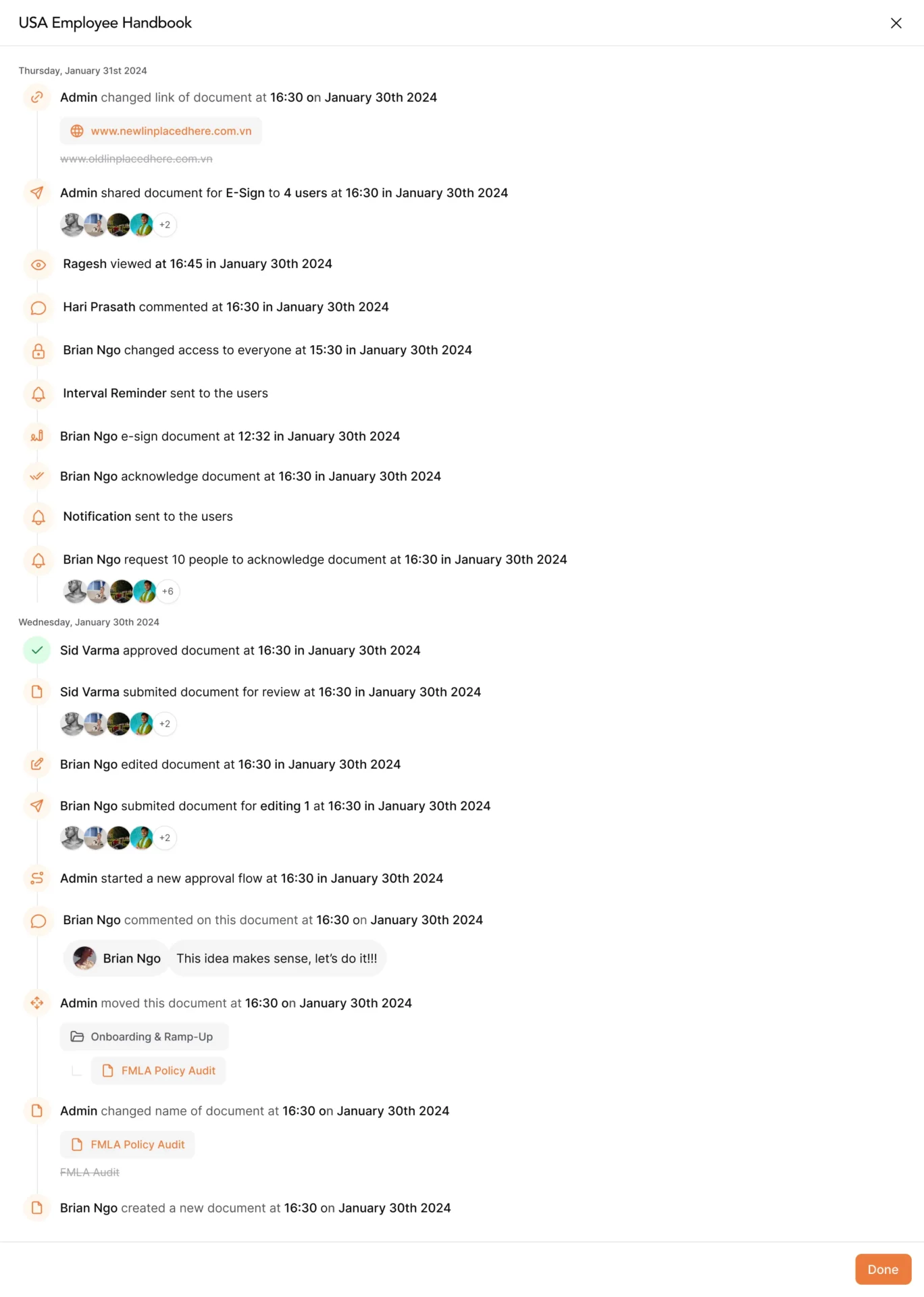 AllyMatter audit log showing detailed document activity including approvals, edits, acknowledgments, and access changes with timestamps for HR policy compliance
