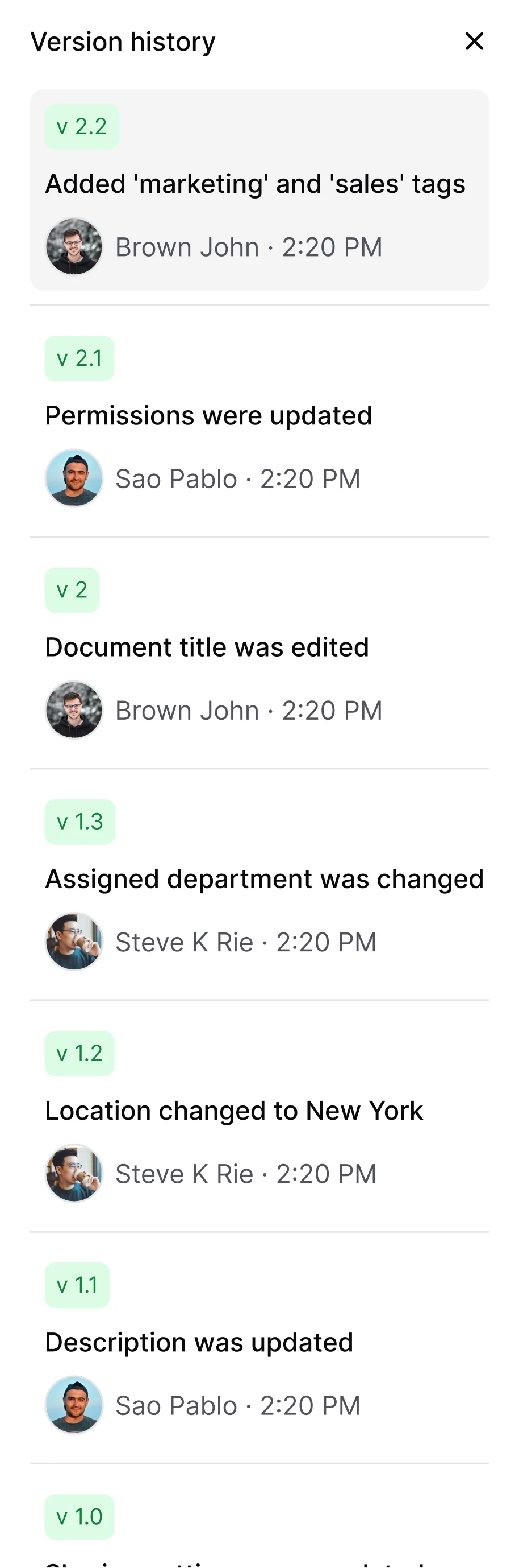 AllyMatter version history panel displaying document versions with change notes, editor names, timestamps, and version IDs for audit trail documentation