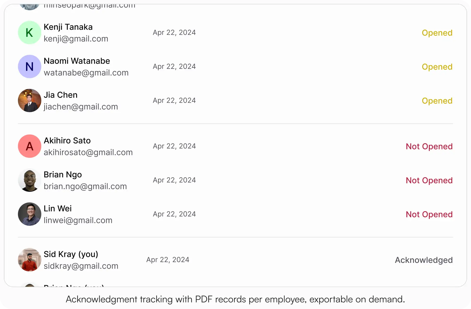 AllyMatter acknowledgment tracking view showing a list of employees with their email addresses, request dates, and acknowledgment statuses. Some employees are marked Opened in yellow, others Not Opened in red, and one marked Acknowledged in grey. The logged-in user is Sid Kray.