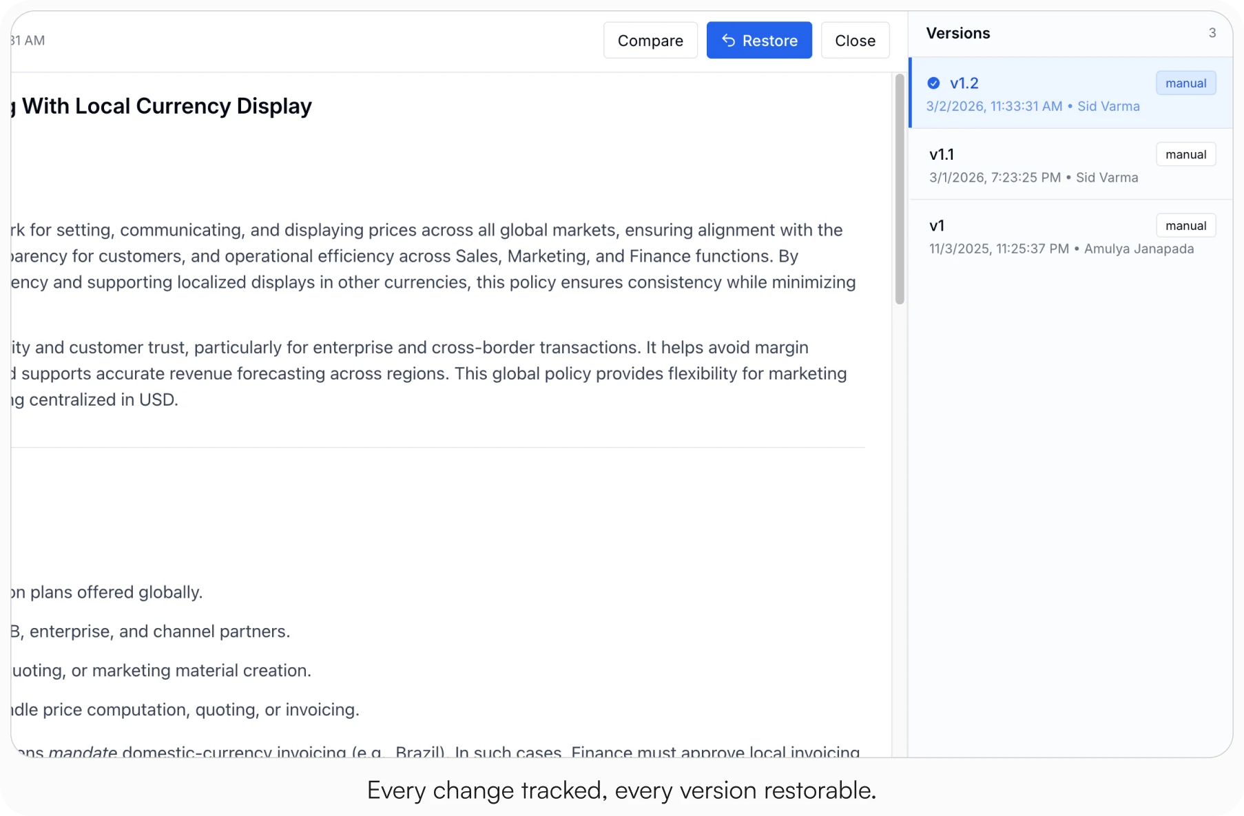 AllyMatter version history panel showing three versions of a pricing policy document with timestamps and author names